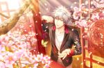  1boy :d animal_print architecture black_jacket blurry bug butterfly butterfly_print day depth_of_field dragon_print earrings east_asian_architecture embroidery falling_petals floral_print flower_knot from_above from_outside game_cg grey_eyes grey_hair hand_up heterochromia highres jacket jewelry kurosaki_ranmaru lens_flare light_particles looking_at_animal lower_teeth male_focus official_art open_window pants petals red_eyes scroll shadow shirt short_hair single_earring smile solo spiky_hair standing sunlight tassel tassel_earrings teeth third-party_source upper_body uta_no_prince-sama uta_no_prince-sama:_shining_live white_pants white_shirt window wooden_floor yellow_butterfly 