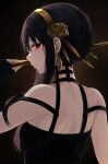  1girl absurdres black_hair breasts dagger earrings gold_hairband highres holding holding_dagger holding_weapon jewelry knife long_hair looking_at_viewer looking_back medium_breasts nao_(okt8538) red_eyes rose_hair_ornament spy_x_family upper_body weapon yor_briar 