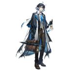  1boy arknights ascot bag bangs black_coat black_footwear black_hair black_pants blue_ascot blue_hair closed_umbrella coat colored_inner_hair full_body hair_between_eyes highres holding holding_bag kang_yiqian_(self_cultivation) long_sleeves looking_at_viewer lumen_(arknights) male_focus multicolored_hair official_art open_clothes open_coat orange_eyes pants parted_lips pointy_ears shirt shoes short_hair solo standing transparent_background umbrella white_shirt 