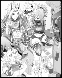  2boys 3girls abs arataki_itto bangs belt commentary_request eyebrows_visible_through_hair flower genshin_impact gloves hair_between_eyes hair_flower hair_ornament hair_ribbon highres jacket japanese_clothes kuki_shinobu lumine_(genshin_impact) mask monochrome multiple_boys multiple_girls oni paimon_(genshin_impact) ribbon short_hair syatey tattoo thoma_(genshin_impact) 