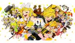  6+boys 6+girls aqua_eyes bass_clef blonde_hair blue_eyes border bow brother_and_sister character_request closed_eyes confetti detached_sleeves drawing_sword foreground_text hair_bow hair_ornament hairclip headset highres holding holding_hands holding_sword holding_weapon iihoneikotu kagamine_len kagamine_rin leg_warmers letterboxed multiple_boys multiple_girls multiple_persona necktie open_mouth sailor_collar shorts siblings smile sword treble_clef twins vocaloid weapon white_background white_border yellow_necktie 