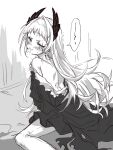  1girl an_fyhx arknights back bare_shoulders bite_mark blush closed_mouth from_behind greyscale hand_on_own_shoulder head_wings highres irene_(arknights) long_hair looking_at_viewer looking_back monochrome motion_lines off_shoulder pantyhose scar scar_across_eye scar_on_face sitting solo speech_bubble trembling very_long_hair 