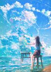  1girl artist_name bare_legs barefoot beach black_hair blue_sky blue_theme brown_skirt clouds cloudy_sky cumulonimbus_cloud day easel facing_away from_behind highres holding legs long_hair ocean original outdoors outstretched_arm paintbrush painting painting_(object) plaid plaid_skirt rain shirt signature sitting skirt sky solo stool sunlight white_bird white_shirt 