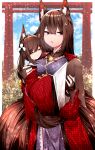  2girls absurdres amagi-chan_(azur_lane) amagi_(azur_lane) animal_ear_fluff animal_ears azur_lane brown_hair brown_tail closed_eyes coat fox_ears highres japanese_clothes kimono kitsune long_hair mother_and_daughter multiple_girls multiple_tails purple_kimono red_coat samip tail torii violet_eyes wide_sleeves 