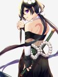  1girl absurdres backless_outfit black_hair eyepatch fate/grand_order fate_(series) from_behind highres kunai long_hair looking_back low_twintails mochizuki_chiyome_(fate) ninjatou short_sword snake_tattoo sword tattoo twintails violet_eyes weapon yuurei447 