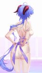  1girl absurdres adjusting_clothes ahoge ass back backless_outfit blue_bow blue_hair blue_ribbon bow dress from_behind ganyu_(genshin_impact) genshin_impact highres horns hyun9164 long_hair partially_submerged ribbon solo standing very_long_hair violet_eyes white_dress 