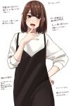  1girl absurdres bangs black_dress blush brown_eyes brown_hair commentary_request dress eyebrows_visible_through_hair finger_to_mouth highres kapatarou long_sleeves looking_at_viewer medium_hair original shirt shirt_under_dress solo translation_request white_shirt 