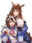  2girls animal_ears blue_bow blue_eyes bow breasts brown_hair detached_sleeves flat_chest grey_sweater hair_bow hands_on_another&#039;s_shoulders highres horse_ears horse_girl jacket large_breasts looking_down looking_up multicolored_hair multiple_girls neckerchief open_mouth passimo pink_neckerchief smile streaked_hair super_creek_(umamusume) sweater tokai_teio_(umamusume) umamusume white_background white_hair white_jacket 