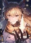  1girl absurdres animal_ear_fluff animal_ears arknights armor bangs black_gloves blonde_hair closed_mouth eyebrows_visible_through_hair flower gloves glowing glowing_weapon highres horse_ears light_particles long_hair looking_at_viewer lyas nearl_(arknights) nearl_the_radiant_knight_(arknights) ponytail red_eyes shoulder_armor solo upper_body v-shaped_eyebrows weapon 