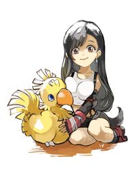  1girl alternate_breast_size bangs bird black_hair blue_eyes breast_press breasts brown_eyes chocobo closed_mouth commentary earrings elbow_gloves final_fantasy final_fantasy_vii fingerless_gloves forehead gloves highres jewelry long_hair looking_at_another looking_at_viewer medium_breasts midriff parted_bangs shadow shirt simple_background sitting skirt smile solo suspender_skirt suspenders tifa_lockhart uzutanco very_long_hair white_background white_shirt yokozuwari 