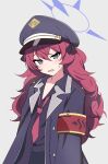  1girl armband black_shirt blue_archive blush collarbone grey_background halo hat highres iroha_(blue_archive) jacket kuroha_uma looking_at_viewer military military_hat military_uniform necktie off_shoulder red_necktie redhead safety_pin shirt simple_background solo sweat uniform 