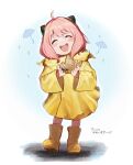  1girl ahoge anya_(spy_x_family) blush closed_eyes full_body hair_cones hamachamu highres open_mouth paper_boat pink_hair rain_boots raincoat short_hair smile solo spy_x_family umbrella yellow_footwear yellow_raincoat 