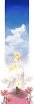  1girl alternate_color ayasa bangs blonde_hair blue_sky boots breasts brown_eyes brown_footwear closed_mouth clouds commentary_request cross dress eyebrows_visible_through_hair flower full_body hair_between_eyes high_heel_boots high_heels high_priest_(ragnarok_online) highres juliet_sleeves long_hair long_sleeves looking_at_viewer pink_flower puffy_sleeves ragnarok_online red_flower sash sidelocks skirt_hold sky small_breasts smile solo thigh-highs white_dress white_legwear yellow_sash 