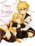  1boy 1girl blonde_hair blue_eyes brother_and_sister closed_eyes detached_sleeves eyebrows_visible_through_hair happy_birthday headset hug hug_from_behind kagamine_len kagamine_rin leg_warmers sailor_collar shorts siblings simple_background sitting smile twins vocaloid white_background yonikki 