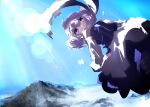  1girl absurdres blue_eyes clouds covered_mouth floating hat highres letty_whiterock looking_at_viewer mountain scarf skirt sky solo touhou ushitsuchi white_hair white_headwear 