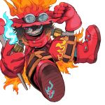  1boy armlet bangs digimon digimon_(creature) fire flame flawizarmon gloves goggles goggles_on_head grey_background highres level-00 magic male_focus pants red_eyes red_footwear red_gloves red_headwear red_pants simple_background solo teeth 