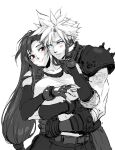  1boy 1girl armor bare_shoulders belt black_hair blue_eyes blush breasts cloud_strife collarbone couple detached_sleeves final_fantasy final_fantasy_vii final_fantasy_vii_remake fingerless_gloves gloves hand_on_another&#039;s_face highres hug hug_from_behind large_breasts long_hair looking_at_another low-tied_long_hair red_eyes shoulder_armor sleeveless sleeveless_turtleneck smile spiky_hair spykeee tank_top tifa_lockhart turtleneck white_background white_tank_top 
