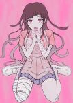  1girl apron bandaged_arm bandaged_leg bandages bandaid bandaid_on_knee bandaid_on_leg bangs danganronpa_(series) danganronpa_2:_goodbye_despair gradient gradient_background gradient_hair grey_apron highres hism_25_(tsumari) long_hair looking_at_viewer multicolored_hair own_hands_clasped own_hands_together pink_background pink_eyes pink_shirt pleated_skirt puffy_short_sleeves puffy_sleeves shirt shoes short_sleeves skirt socks solo tears tsumiki_mikan 