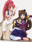  13-gou 2girls barefoot brown_eyes brown_hair character_request collarbone cosplay dragon_quest dragon_quest_iii fingerless_gloves full_body gloves jewelry long_hair looking_at_viewer merchant_(dq3) multiple_girls navel open_mouth pink_hair simple_background smile 