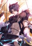 1boy 1other abs animal_ears arknights bandaid bandaid_on_face bandaid_on_nose bishounen black_gloves black_hair cable chancesmily electricity gloves highres male_focus midriff short_hair shorts solo_focus spread_legs tail white_gloves windflit_(arknights) 