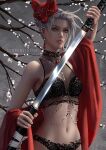  1girl artist_name bra branch cherry_blossoms earrings english_commentary fox_mask grey_background hair_bun holding holding_sword holding_weapon jewelry looking_at_viewer mask mask_on_head navel necklace original panties red_eyes serpentigena sheath solo sword underwear unsheathing weapon 