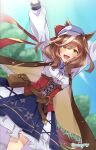  1girl absurdres animal_ears arms_up belt_pouch blurry blurry_background blush brown_hair commentary_request hair_ornament hairclip highres horse_ears horse_girl horse_tail looking_at_viewer matikane_tannhauser_(umamusume) pouch ribbon sky sodemaru_unagi solo tail twitter_username umamusume yellow_eyes 