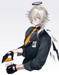  1boy arknights bishounen black_gloves coffee_cup cup disposable_cup enforcer_(arknights) formal glasses gloves grey_hair halo highres id_card long_hair male_focus necktie one_eye_covered pienahenggou simple_background solo suit sweat violet_eyes wings 