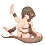 1girl absurdres arknights bangs bikini blue_hair blue_nails bob_cut brown_bikini brown_hair crocodilian_tail eunectes_(arknights) frognotforg030 full_body headband highres looking_at_viewer nail_polish no_shoes open_mouth pointy_ears simple_background soles solo swimsuit tail thighs toenail_polish toenails toes white_background yellow_nails younger
