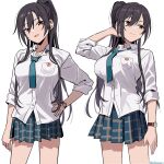  adjusting_hair bangs black_hair blue_necktie blue_skirt breasts checkered_clothes checkered_skirt dog_tags dot_nose earrings eyebrows_visible_through_hair hair_between_eyes hand_on_hip hand_up highres idolmaster idolmaster_shiny_colors jewelry large_breasts long_hair long_sleeves looking_at_viewer looking_away multiple_persona necktie open_mouth pleated_skirt ponytail shirase_sakuya shirt shisoneri sidelocks skirt sleeves_rolled_up smile thighs tsurime twitter_username watch watch white_background white_shirt wing_collar yellow_eyes 