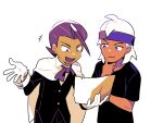  +++ 2boys :d black_jacket black_pants black_shirt cape commentary eusine_(pokemon) gloves hand_on_own_chin headband holding jacket looking_down male_focus morty_(pokemon) multiple_boys open_mouth pants pokemon pokemon_(game) pokemon_gsc purple_hair purple_headband shirt simple_background smile ssalbulre stroking_own_chin t-shirt violet_eyes white_background white_cape white_gloves white_hair 
