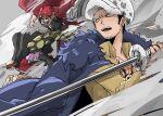  3boys black_hair eustass_captain_kid facial_hair fur_coat hat holding holding_sword holding_weapon male_focus mgmsop monkey_d._luffy multiple_boys one_piece open_mouth redhead shirt solo_focus sword trafalgar_law weapon yellow_eyes yellow_shirt 
