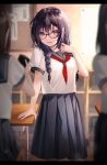  1girl 3girls absurdres bangs black_hair blurry blush breasts depth_of_field fou_(ssqseeker) glasses highres large_breasts long_hair looking_at_viewer multiple_girls neckerchief open_mouth original pleated_skirt sailor_collar school_uniform serafuku skirt smile solo_focus violet_eyes 