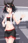  1girl armband blurry blurry_background blush gym hairclip horse_ears horse_girl horse_tail indoors kitasan_black_(umamusume) looking_at_viewer navel open_mouth short_hair short_shorts solo sports_bra sportswear standing stomach sweat sweating teeth towel towel_around_neck treadmill umamusume waving 