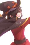  1girl belt black_cape black_hair black_headwear brown_belt cape commentary dress floating_cape from_behind hat highres kono_subarashii_sekai_ni_shukufuku_wo! looking_at_viewer looking_back megumin red_dress red_eyes sarasara_shoyu short_hair simple_background solo translated upper_body white_background witch_hat 