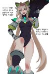  1girl :d absurdres bangs bare_shoulders battle_cat_jinx black_leotard blonde_hair breasts covered_collarbone covered_navel elbow_gloves facial_mark from_below gloves green_necktie highres holding holding_weapon hudak jinx_(league_of_legends) league_of_legends leotard medium_breasts necktie official_alternate_costume open_mouth parted_hair rocket_launcher short_necktie smile solo teeth twintails upper_teeth weapon 