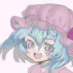  1girl bangs blue_hair commentary dress eyebrows_visible_through_hair face fang hair_between_eyes hat looking_at_viewer lowres medium_hair mob_cap open_mouth pink_dress pink_eyes pink_headwear remilia_scarlet simple_background skin_fang slit_pupils smile solo touhou wanashisan white_background 