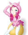  1girl alternate_skin_color animal_ears animal_hood ball blue_eyes covering covering_crotch frilled_skirt frills hand_up highres hood hood_up hoodie horse_ears humanization miniskirt my_little_pony my_little_pony_equestria_girls my_little_pony_friendship_is_magic pink_hair pink_skirt pinkie_pie sitting_on_ball skirt solo zoxriver503 