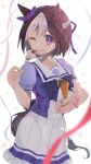  1girl :p absurdres animal_ears ao_hito blush breasts cake collarbone commentary_request dated food hair_between_eyes hair_ornament highres horse_ears horse_tail looking_at_viewer medium_breasts one_eye_closed plate school_uniform simple_background solo special_week_(umamusume) tail tongue tongue_out umamusume violet_eyes white_background 