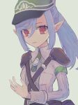  1girl bangs blue_hair closed_mouth collared_shirt eyebrows_visible_through_hair hat highres leather_strap long_hair looking_at_viewer pointy_ears ponytail red_eyes rune_factory rune_factory_5 scarlett_(rune_factory) shirt siraai20 