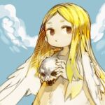  1girl angel_wings blonde_hair brown_eyes commentary_request dress holding holding_skull long_hair looking_to_the_side lowres mistress_of_shelter open_mouth ragnarok_online skull solo upper_body wanashisan white_dress white_wings wings 