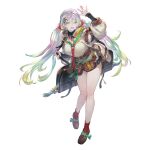  1girl arm_up black_skirt breasts brown_footwear cupitan_(granblue_fantasy) detached_collar gradient_hair granblue_fantasy green_eyes hair_between_eyes hair_ornament jacket large_breasts long_hair minaba_hideo multicolored_hair official_art open_clothes open_jacket open_mouth pouch rainbow_hair red_legwear shirt simple_background skirt socks solo standing teeth transparent_background twintails upper_teeth 