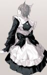  1boy animal_ears arknights bishounen black_ribbon cat_boy cat_ears cat_tail cowboy_shot from_behind grey_background grey_hair highres looking_to_the_side maid male_focus phantom_(arknights) pienahenggou ribbon short_hair simple_background tail 