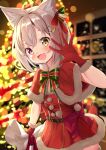  1girl absurdres amemiya_ayune animal_ear_fluff animal_ears arm_up belt brown_hair capelet cat_ears christmas christmas_tree commission dress fur_trim gloves heterochromia highres indie_virtual_youtuber matcha_(user_yyss8744) open_mouth red_capelet red_dress red_gloves short_dress short_hair skeb_commission smile solo upper_body virtual_youtuber waving 