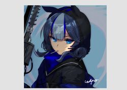  1girl animal_ears animal_hood arknights bangs black_jacket blue_eyes blue_hair blue_shirt closed_mouth eyebrows_visible_through_hair fake_animal_ears glaucus_(arknights) grey_hair highres hood hood_up hooded_jacket jacket long_hair looking_at_viewer mouth_hold multicolored_hair shirt signature solo streaked_hair upper_body uzura_(bonnet225) 