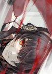  1girl black_hair blood blood_on_face bracelet close-up earrings glass hair_between_eyes hair_over_one_eye hairband highres jewelry lips looking_at_viewer parted_lips pokimari red_eyes rose_hair_ornament sidelocks sideways solo spikes spy_x_family upper_body yor_briar 