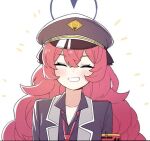  1girl armband billbung black_shirt blue_archive blush closed_eyes collarbone grin halo hat iroha_(blue_archive) jacket korean_commentary military military_hat military_uniform necktie red_necktie redhead safety_pin shirt simple_background smile solo uniform 
