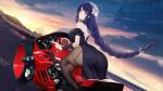  1girl absurdres ass bare_shoulders black_legwear blurry braid depth_of_field dress driving flower frilled_sleeves frills genshin_impact ground_vehicle hair_flower hair_ornament highres looking_at_viewer motor_vehicle motorcycle night night_sky no_shoes outdoors pantyhose purple_dress purple_hair raiden_shogun road scenery sky soles solo star_(sky) starry_sky sunset violet_eyes yizhibao 