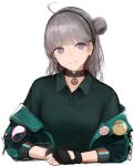  1girl alternate_costume bangs black_gloves breasts eyebrows_visible_through_hair fingerless_gloves girls_frontline gloves green_jacket green_shirt grey_hair hairband highres honey_badger_(girls&#039;_frontline) jacket jacket_pull light_purple_eyes long_hair looking_at_viewer open_clothes open_jacket open_mouth parted_lips rampart1028 shirt side_bun smile solo upper_body white_background 