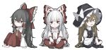  3girls absurdres alternate_eye_color alternate_hair_color apron ascot back_bow bangs bare_shoulders barefoot black_dress black_footwear bow braid brown_ascot brown_eyes brown_footwear brown_hair buttons chibi closed_mouth collared_shirt detached_sleeves dress eyebrows_visible_through_hair frills fujiwara_no_mokou green_bow green_hair grey_headwear hair_between_eyes hair_bow hair_ornament hair_tubes hakurei_reimu hat hat_bow highres hisha_(kan_moko) juliet_sleeves kirisame_marisa light_brown_hair long_hair long_sleeves looking_at_viewer looking_to_the_side multicolored_bow multiple_girls ofuda ofuda_on_clothes open_mouth pants ponytail puffy_long_sleeves puffy_short_sleeves puffy_sleeves red_bow red_eyes red_pants red_skirt red_vest shirt shoes short_sleeves simple_background single_braid skirt smile tongue touhou very_long_hair vest white_apron white_background white_bow white_hair white_shirt wide_sleeves witch_hat 