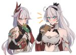  2girls armor asymmetrical_gloves bangs bare_shoulders blue_eyes brown_gloves china_dress chinese_clothes closed_mouth cup disposable_cup dress drinking_straw eating elbow_gloves food fu_hua fu_hua_(phoenix) gauntlets gloves hair_ornament hinagi_(fox_priest) holding holding_cup holding_food honkai_(series) honkai_impact_3rd kiana_kaslana kiana_kaslana_(herrscher_of_flamescion) long_hair looking_at_viewer mismatched_gloves multiple_girls ponytail red_eyes red_gloves sandwich simple_background white_background white_dress white_hair 